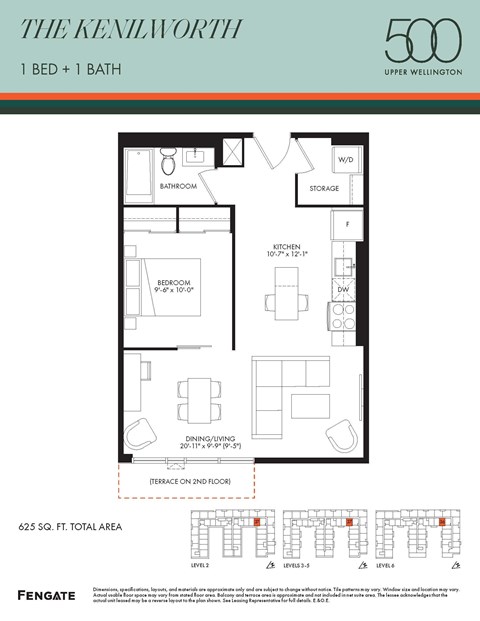 Floor plan for 1 bed, 1 bath, 625 sqft
